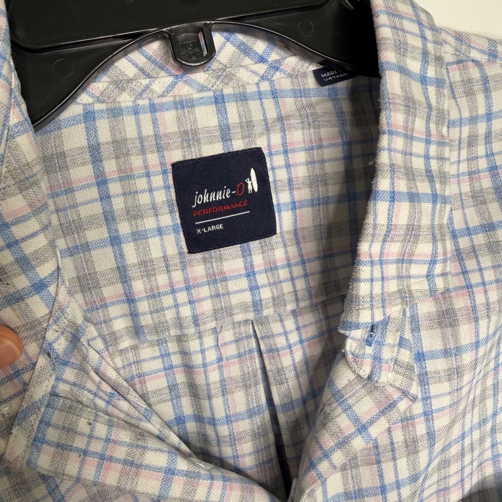 Johnnie-O Performance Mens XL Plaid Button Down Shirt Blue Grey Long Sleeve Logo - Picture 5 of 7